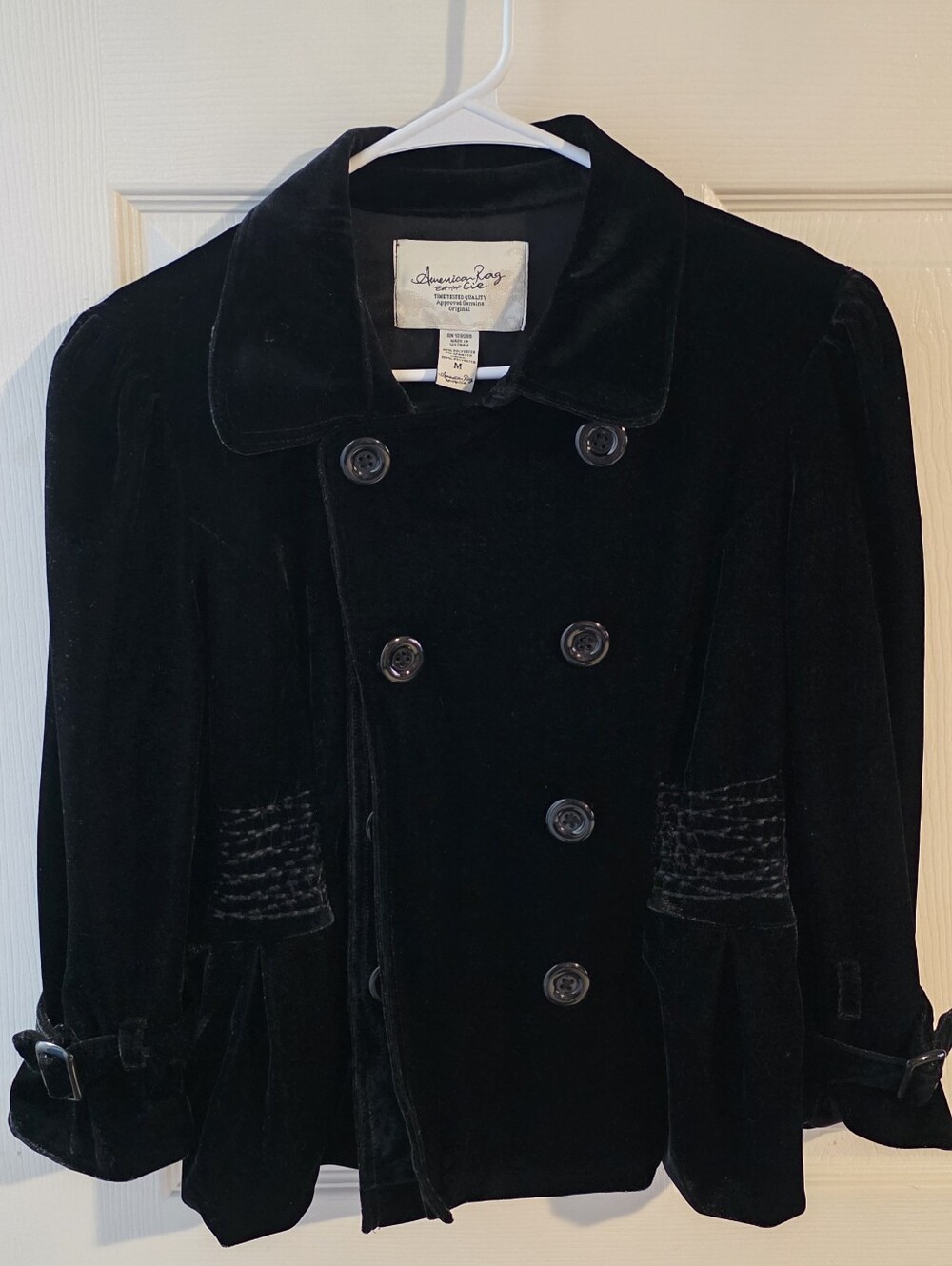American Rag black velvet double-breasted peacoat jacket size medium